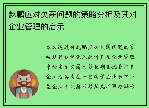 赵鹏应对欠薪问题的策略分析及其对企业管理的启示